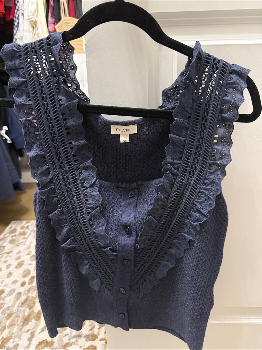 Anthropologie | Pilcro Navy Ruffled Knit Button top - Picture 3 of 6